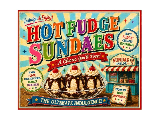 MS698 Vintage Style Metal Sign Hot Fudge Sundaes