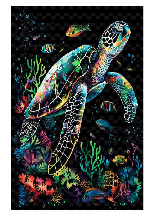 (A246) Neon Coral & Turtle Wall Art