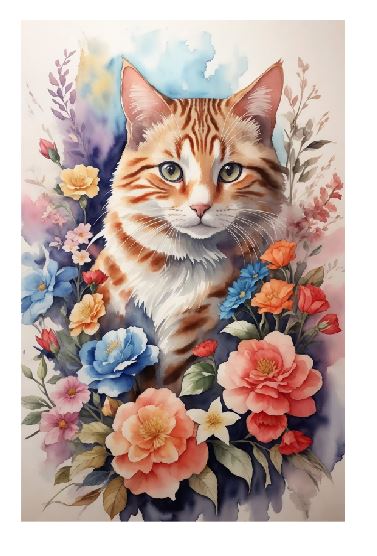 (A129) Cat With Flowers Wall Art