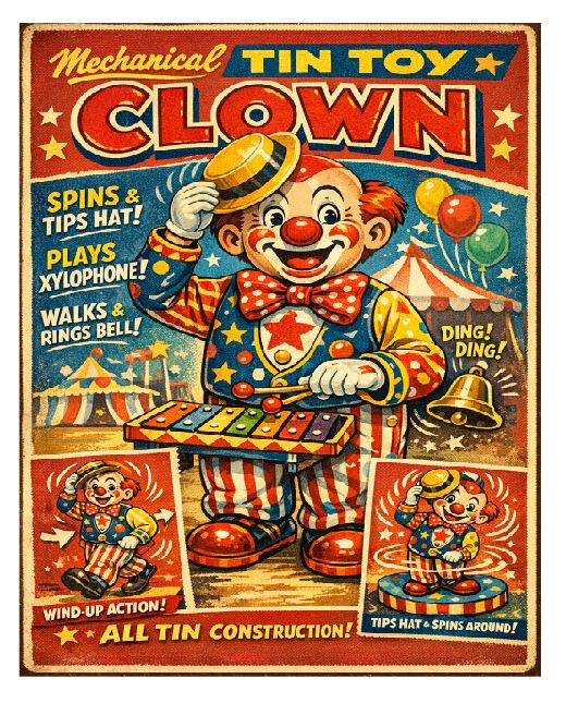 MS07 Clown Tin Toy Vintage Sign Retro Metal Wall Decor
