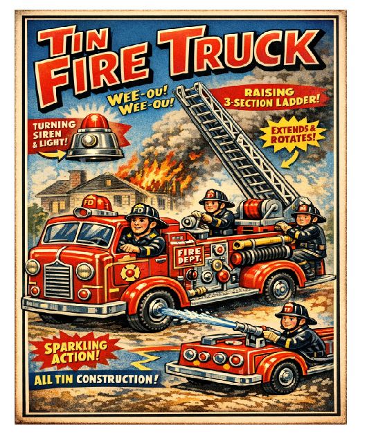 MS08 Fire Truck Tin Toy Vintage Sign Retro Metal Wall Decor